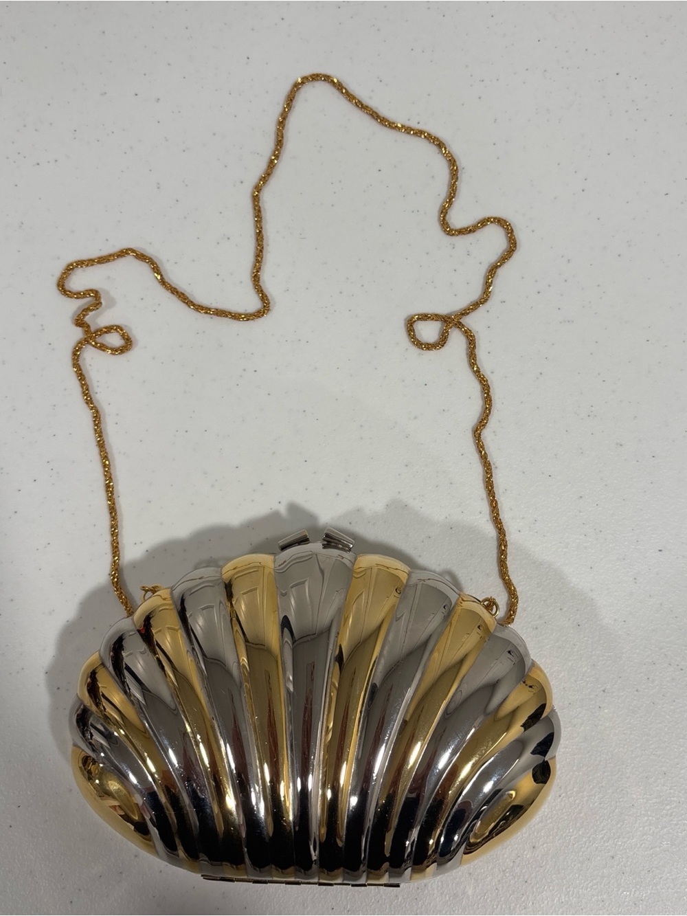 Gold and Silver Shell Clutch Bag with Chain Shoulder Strap.